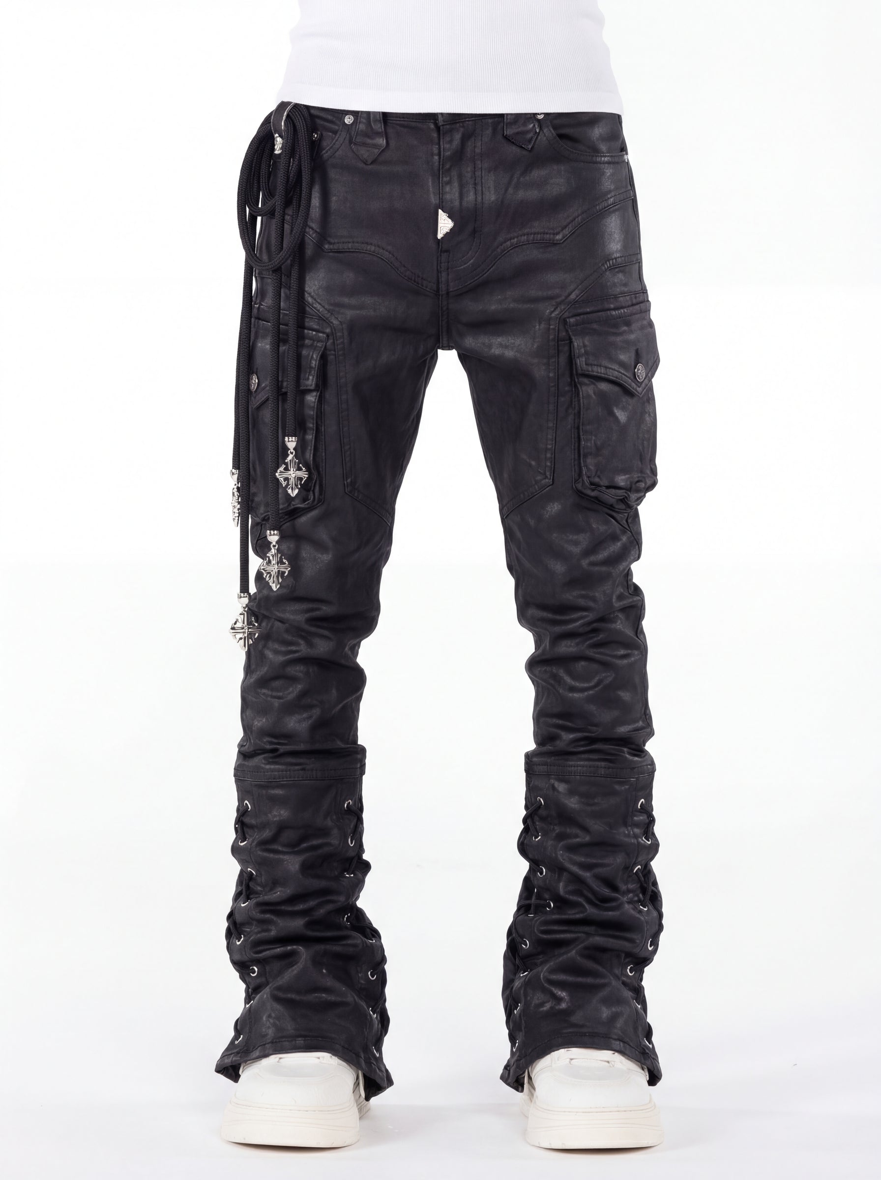 Guapi Black Waxed Rope Denim Flare Jeans