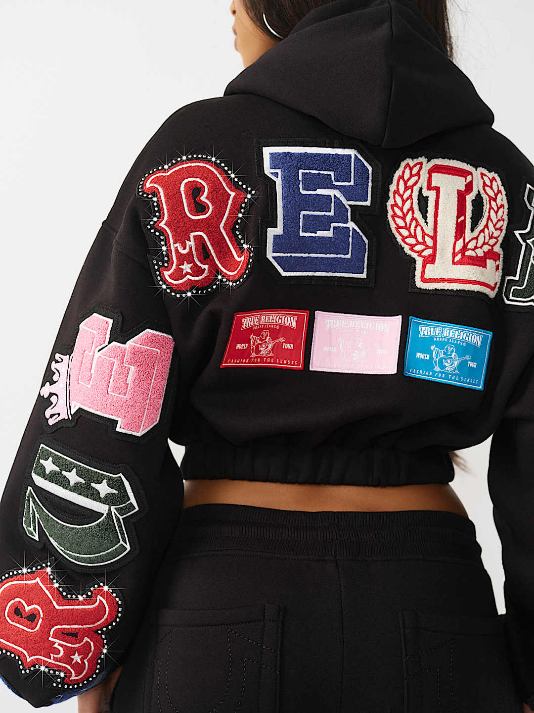 True Religion Women's Crystal Patch Girlfriend Zip Hoodie & Straight Leg Sweatpant