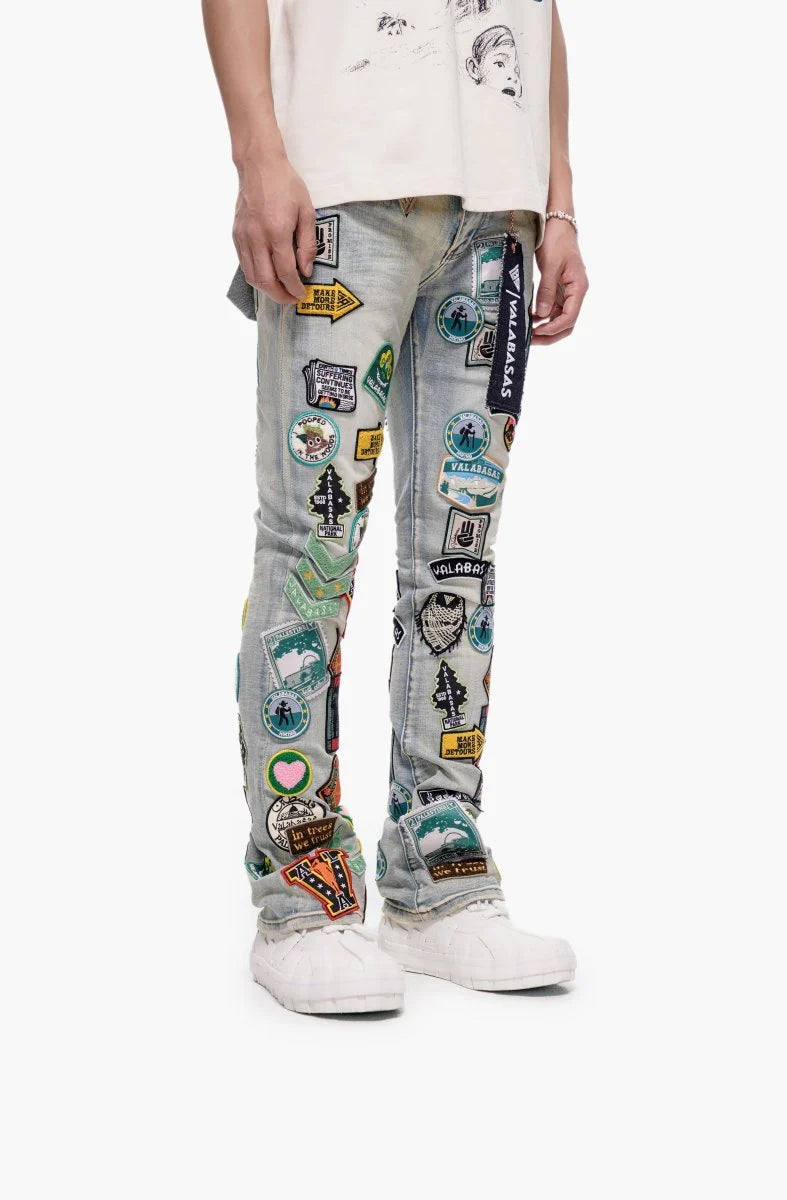Valabasas Axis" Stacked Light Blue Jeans with Patches