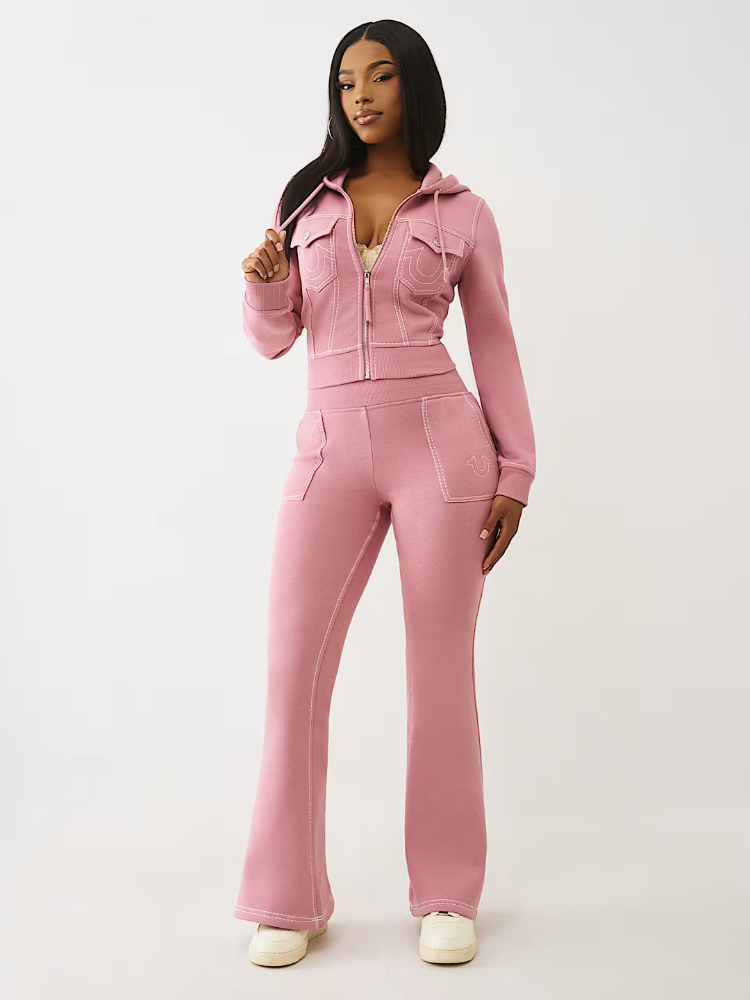 True Religion Women's Big T Shrunken Zip Hoodie & Big T Flared Sweatpants - Nostalgia Rose