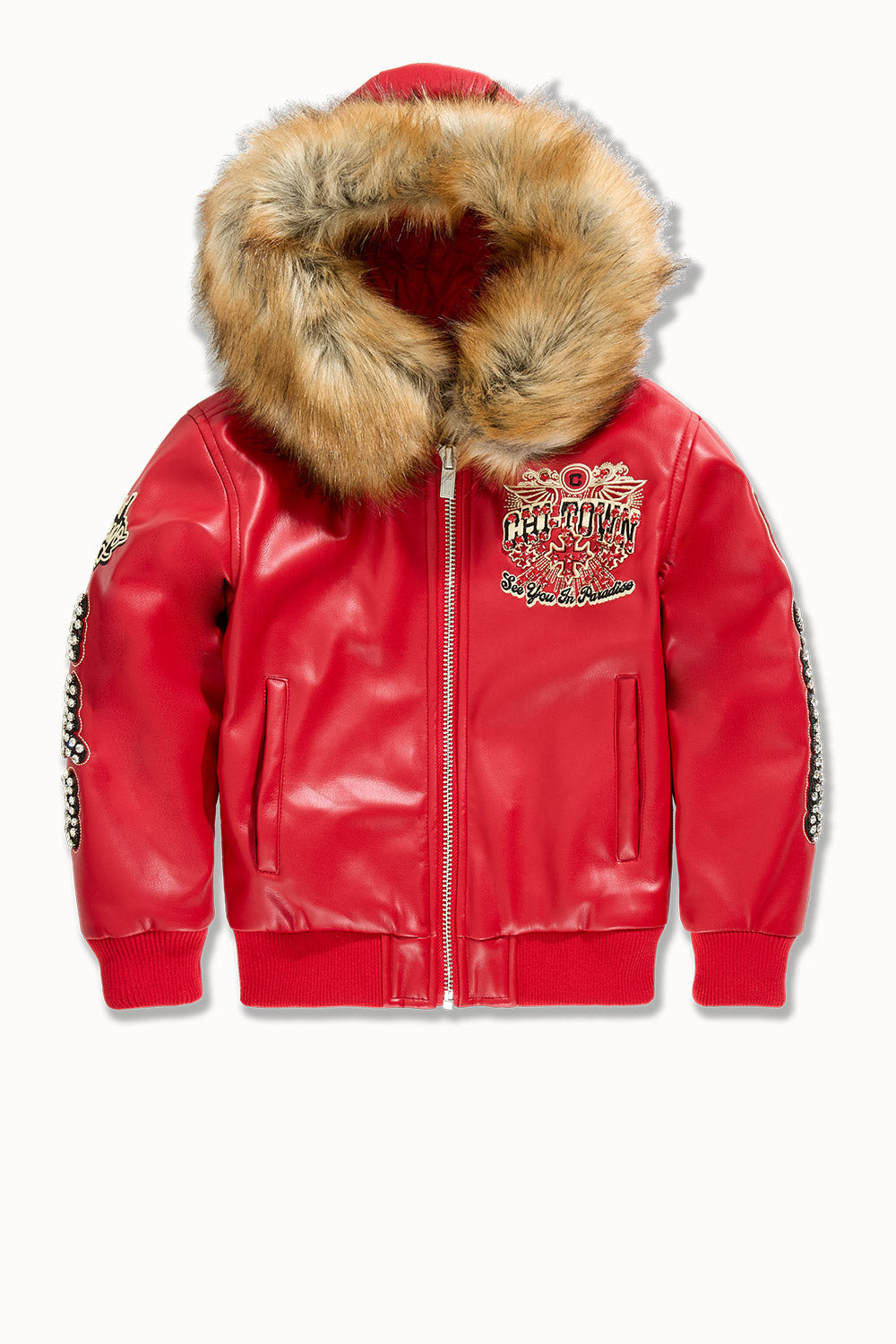 See You In Paradise "Chitown" Kids Rhinestone Hooded Bomber Leather Jacket