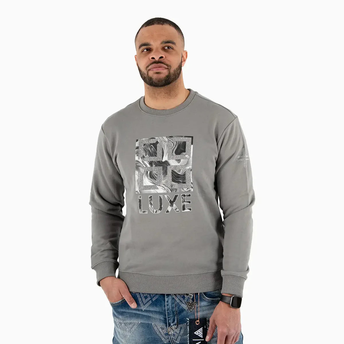 Luxe Crewneck Abstract Print Rhinestone Sweatshirt
