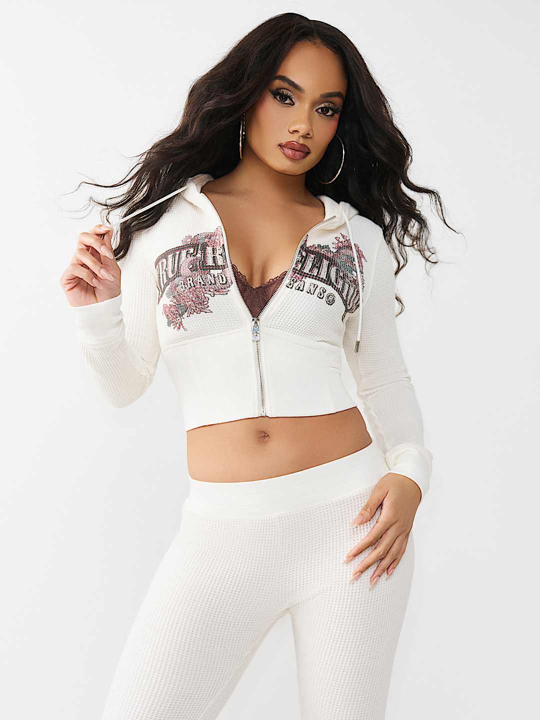True Religion Women's Waffle Knit Contour Zip Hoodie & Mid Rise Flare Pants Set