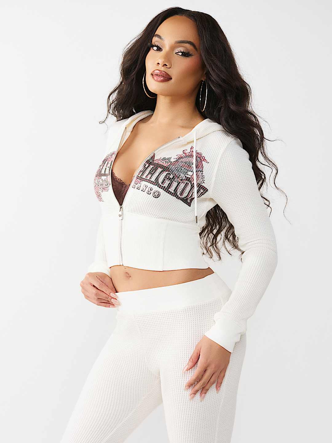 True Religion Women's Waffle Knit Contour Zip Hoodie & Mid Rise Flare Pants Set