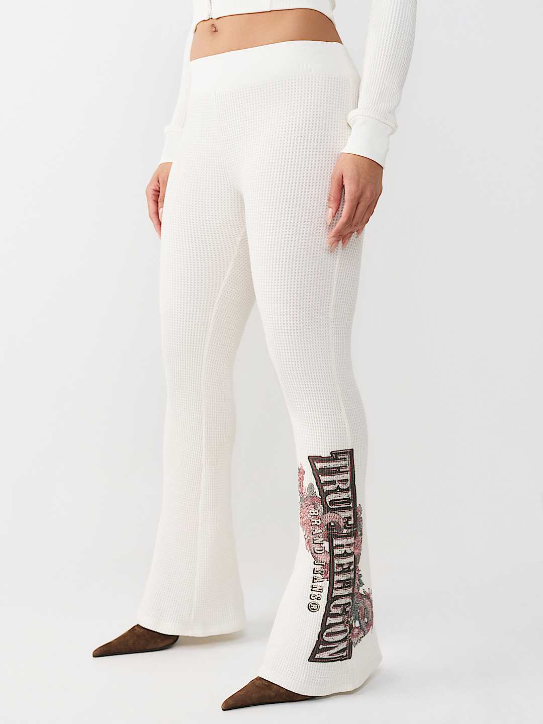 True Religion Women's Waffle Knit Contour Zip Hoodie & Mid Rise Flare Pants Set