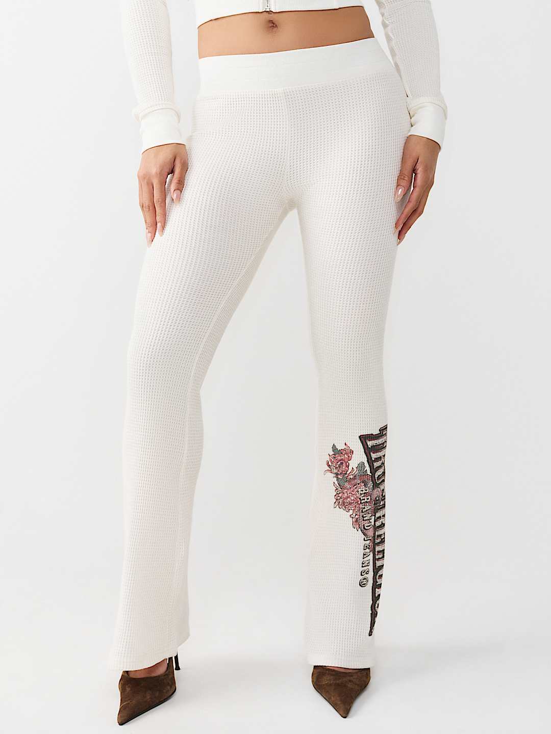 True Religion Women's Waffle Knit Contour Zip Hoodie & Mid Rise Flare Pants Set