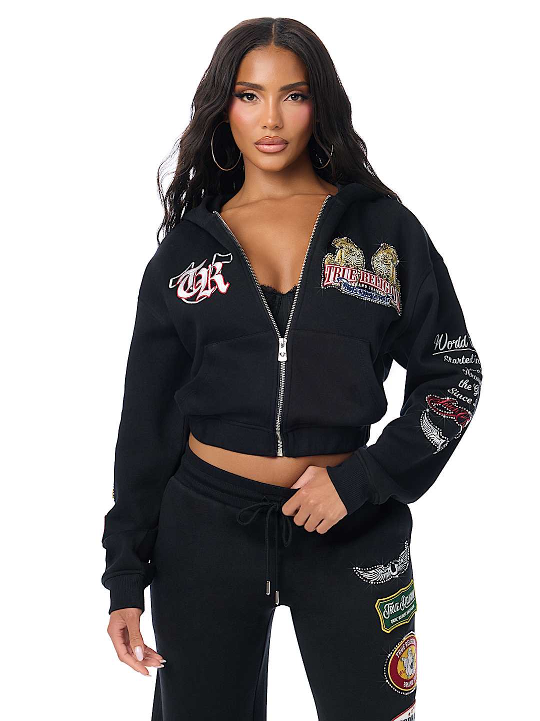 True Religion Women's Crystal Varsity Relax Zip up Jogging Suit
