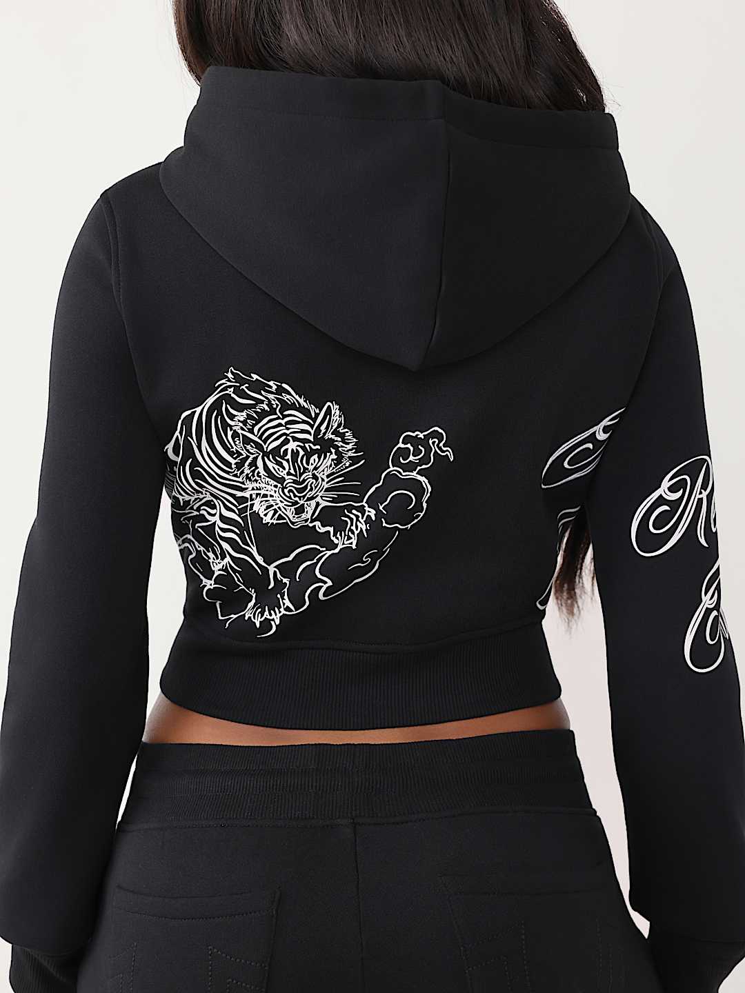 True Religion Women's Embroidered Tiger Shrunken Zip Hoodie & Joey Low Rise Shorts