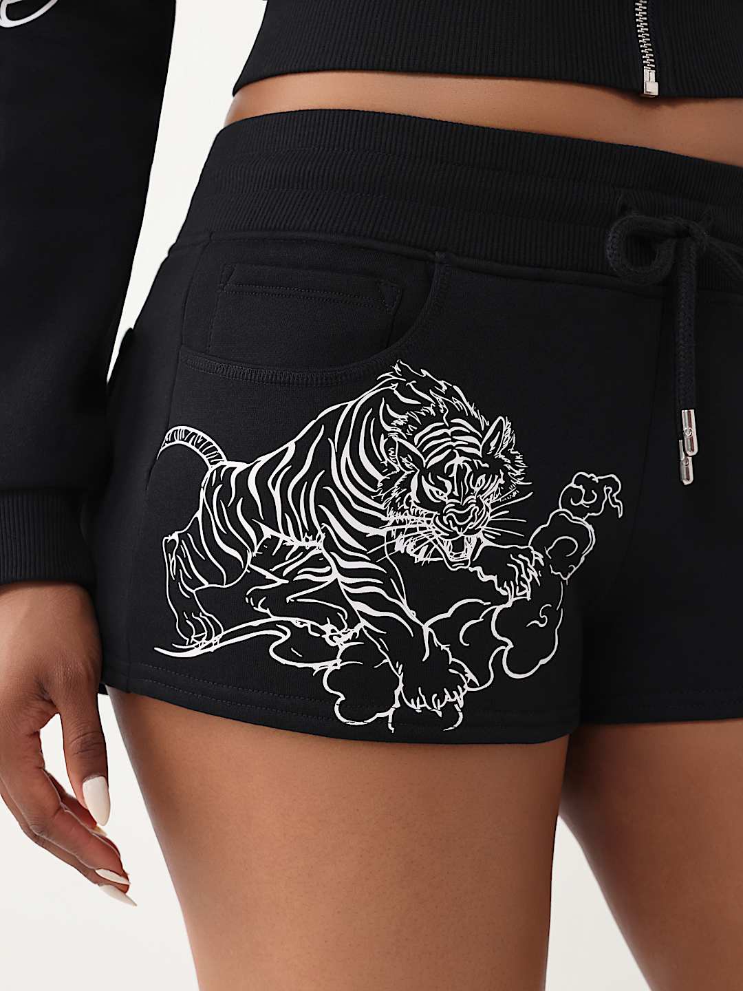True Religion Women's Embroidered Tiger Shrunken Zip Hoodie & Joey Low Rise Shorts