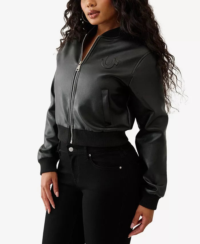 True Religion Women's Crop Polyurethane Bomber Jacket - Jet Black