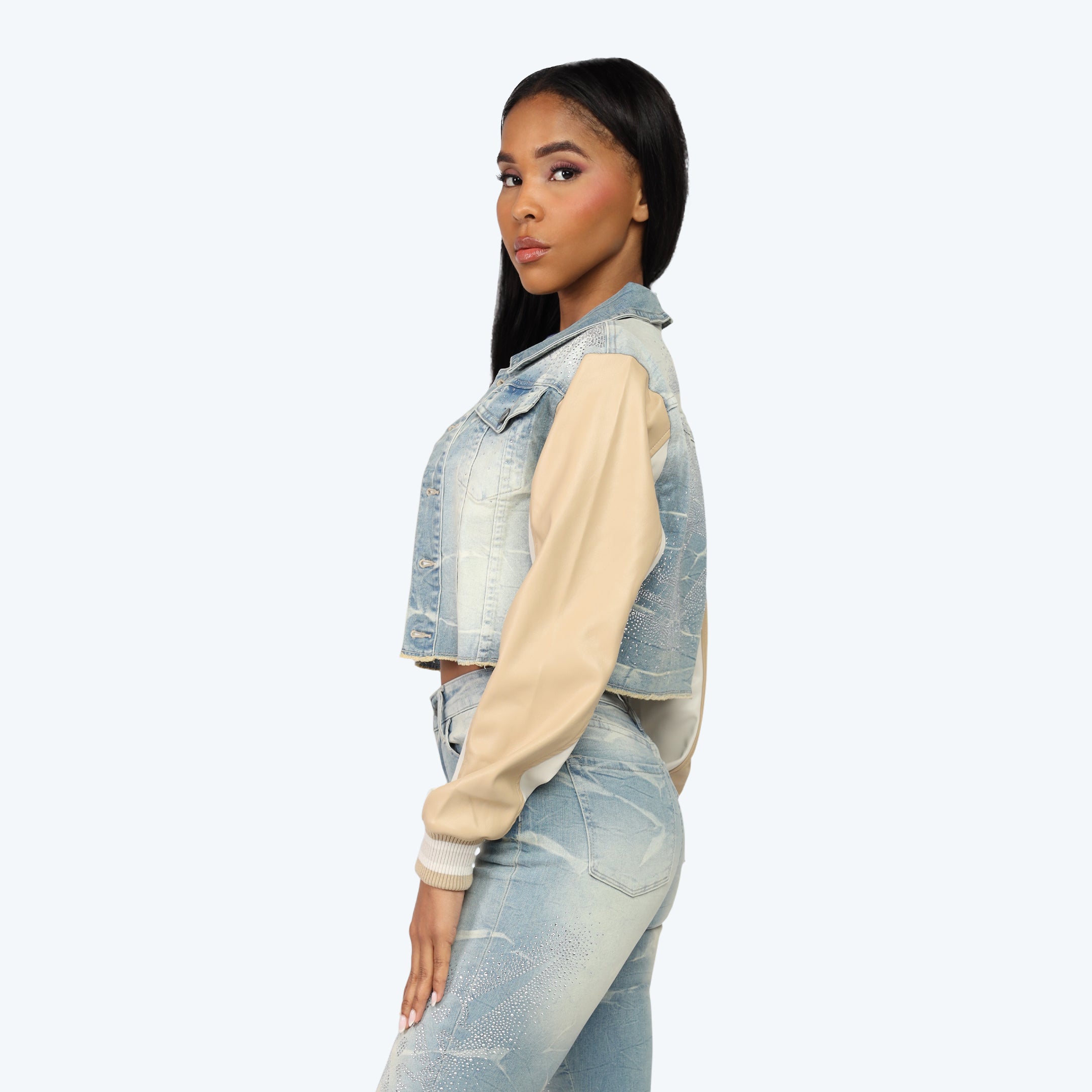 Smoke Rise Rhinestone Jean Trucker Jacket & Pinching Stack Pants