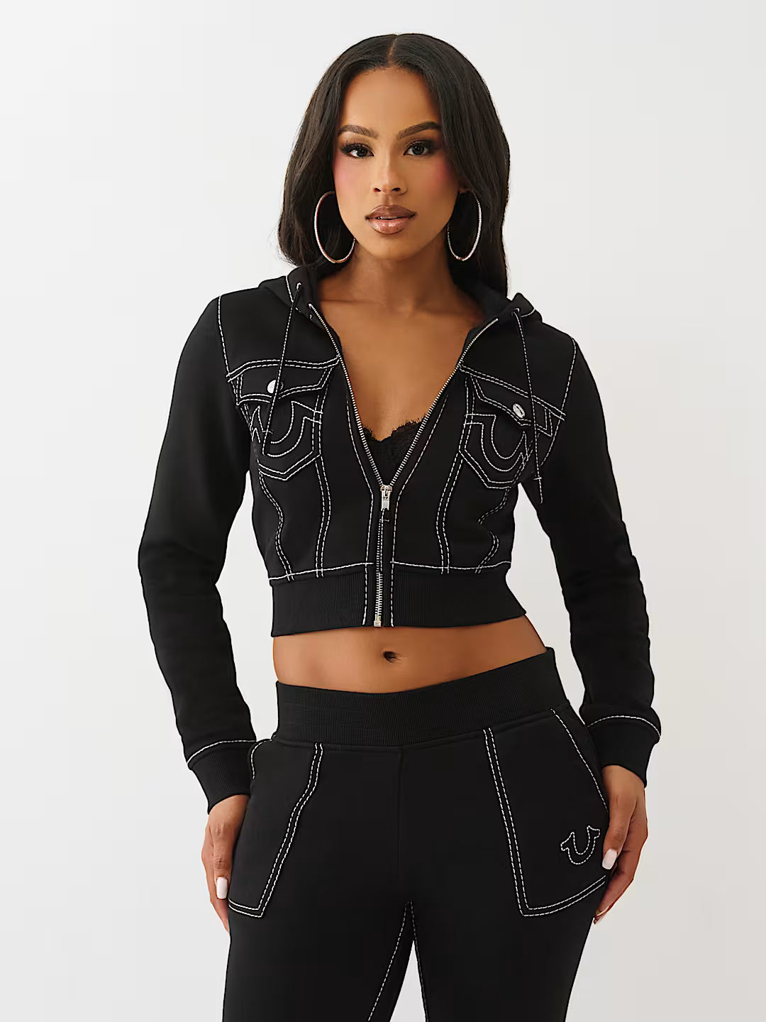 True Religion Women's Big T Shrunken Zip Hoodie & Big T Flared Sweatpants - Jet Black