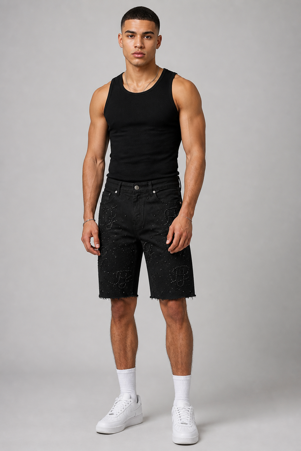 Focus Rhinestone Ripped Hem Jean Shorts