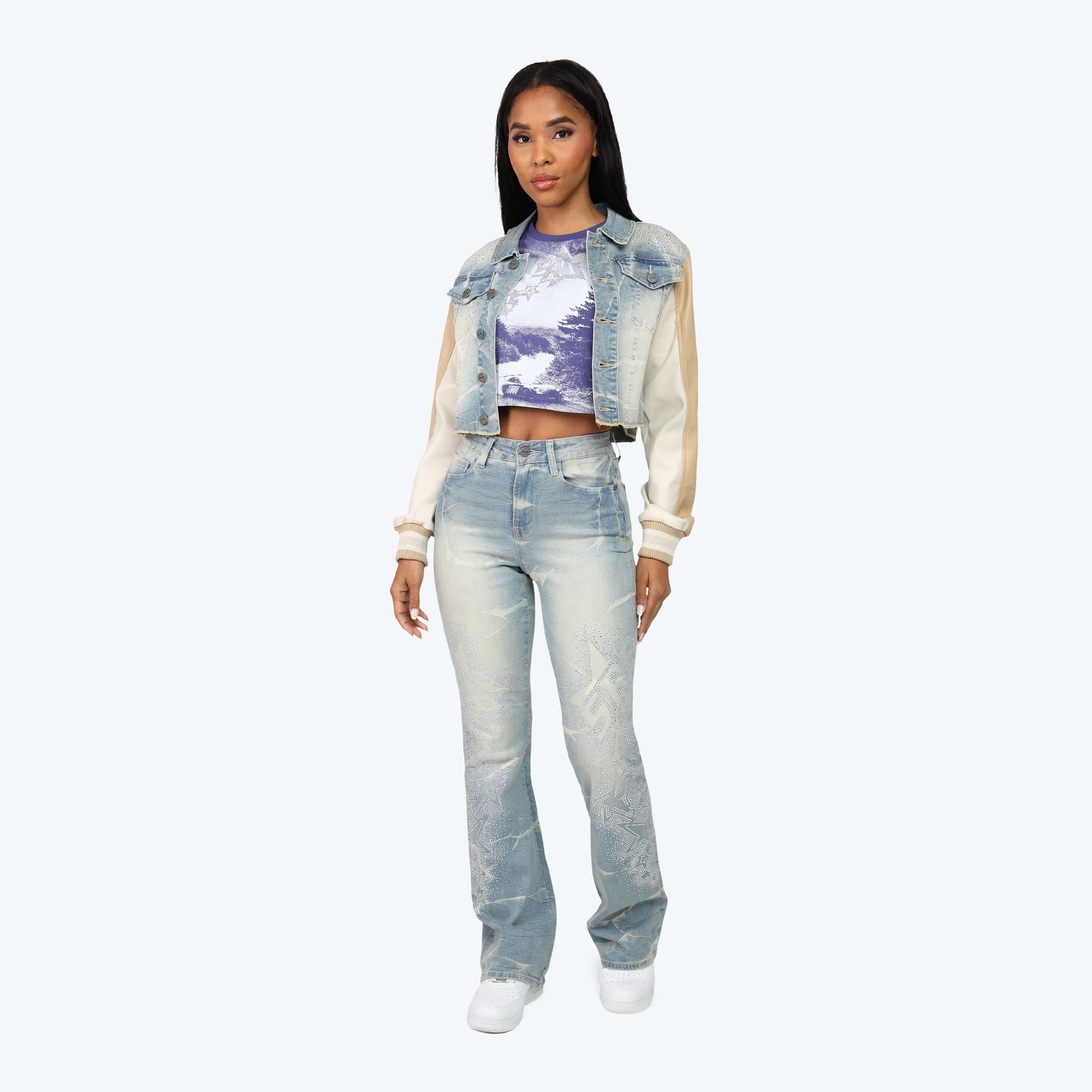 Smoke Rise Rhinestone Jean Trucker Jacket & Pinching Stack Pants