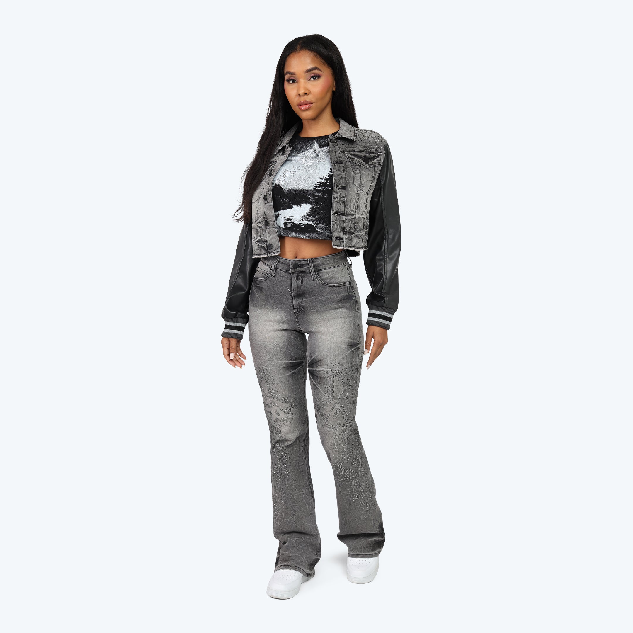 Smoke Rise Rhinestone Jean Trucker Jacket & Pinching Stack Pants