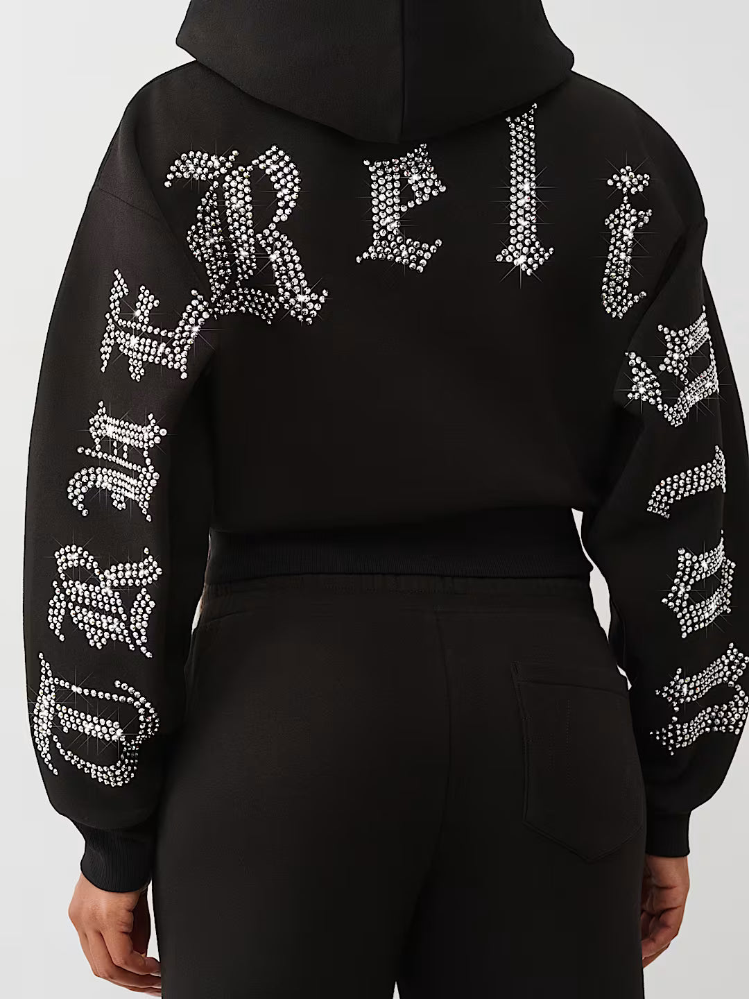 True Religion Women's Crystal Logo Cropped Zip Hoodie & Crystal Script Wide Leg Sweatpants - Jet Black