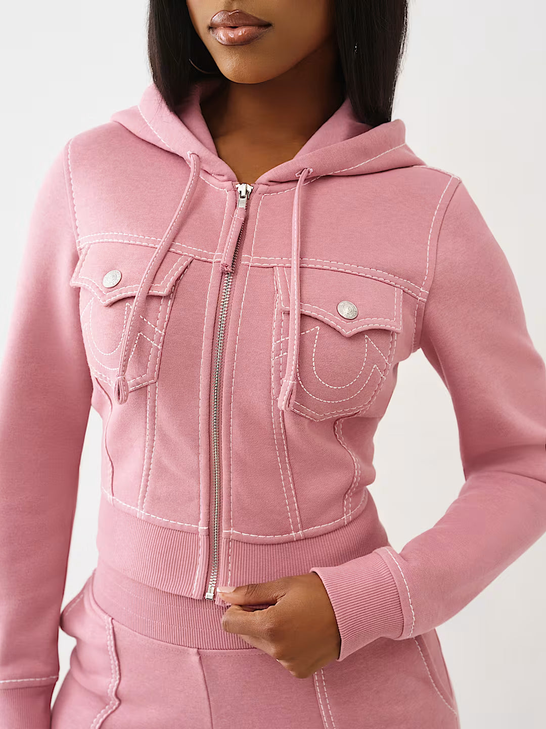 True Religion Women's Big T Shrunken Zip Hoodie & Big T Flared Sweatpants - Nostalgia Rose