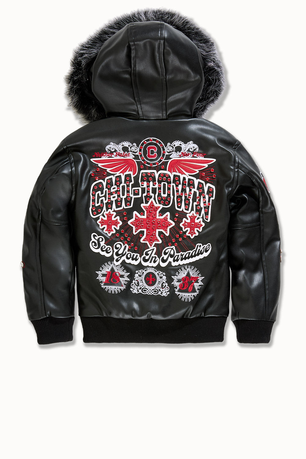 See You In Paradise "Chitown" Kids Rhinestone Hooded Bomber Leather Jacket