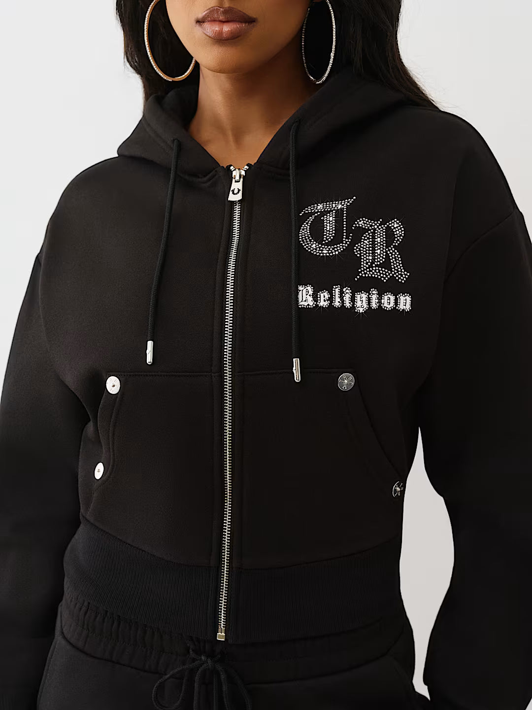 True Religion Women's Crystal Logo Cropped Zip Hoodie & Crystal Script Wide Leg Sweatpants - Jet Black