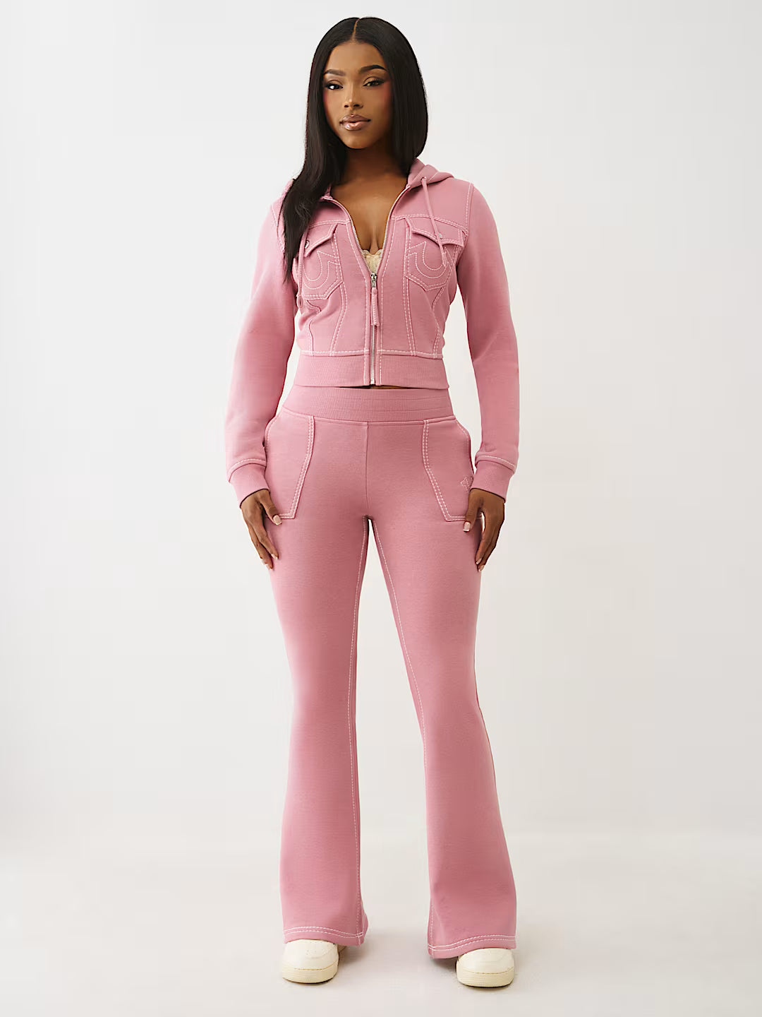True Religion Women's Big T Shrunken Zip Hoodie & Big T Flared Sweatpants - Nostalgia Rose