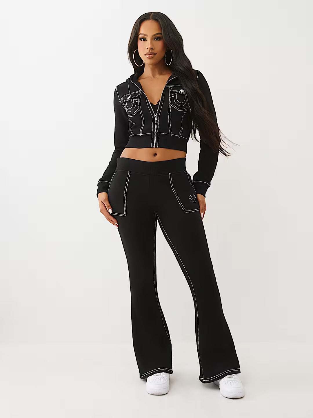 True Religion Women's Big T Shrunken Zip Hoodie & Big T Flared Sweatpants - Jet Black