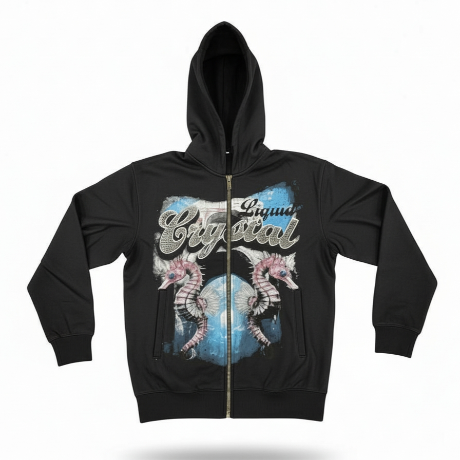 Liquid Crystal Rhinestone Seahorses Zip-up Hoodie