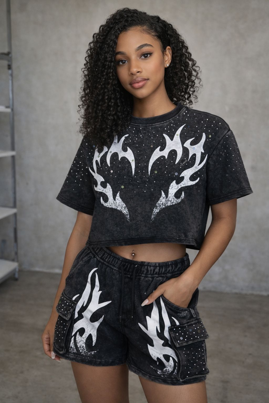 Red Fox Rhinestone Crop Fleece Short Set (Black, Grey, Pink