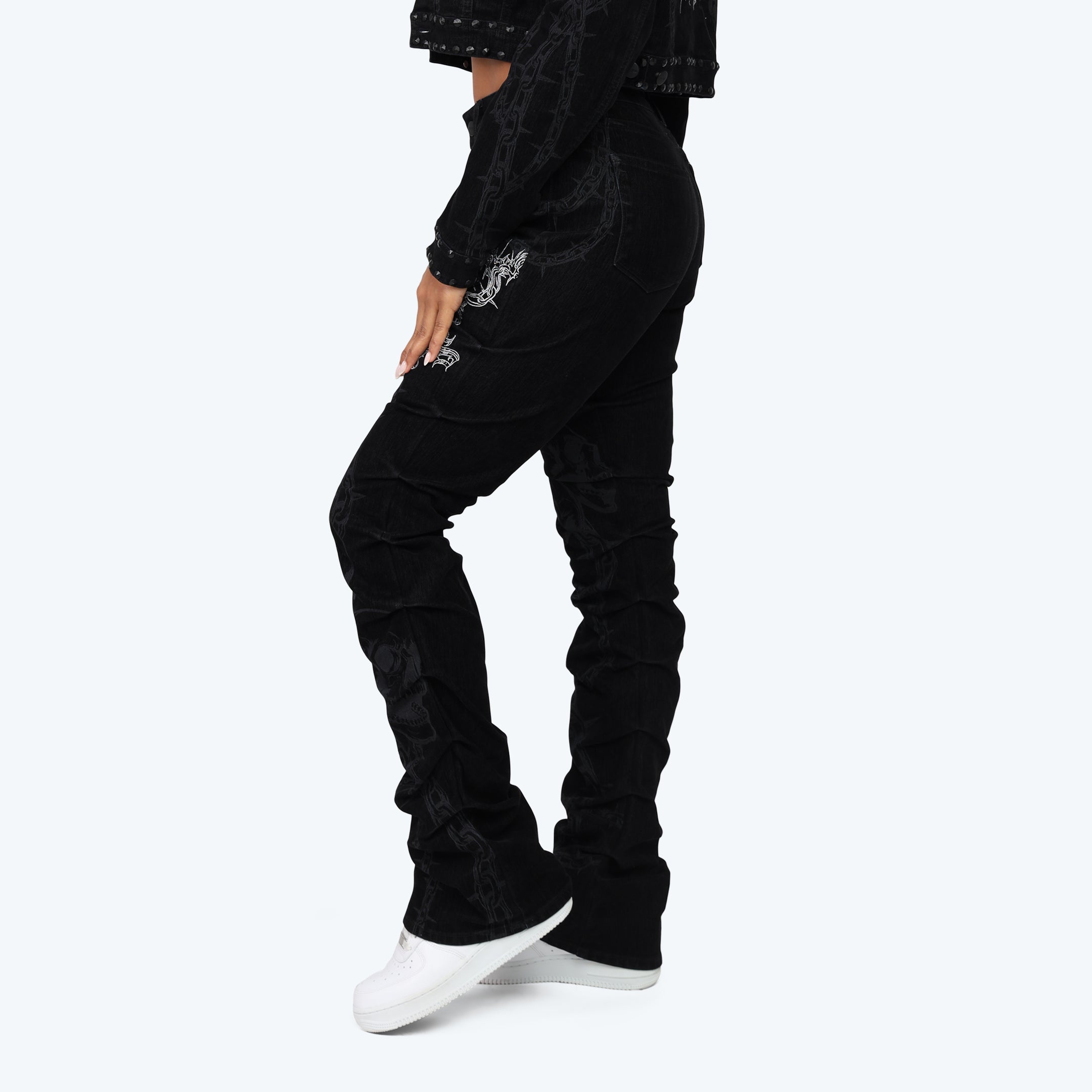 Smoke Rise Embroidered Jean Trucker Jacket Pinching Stack Set