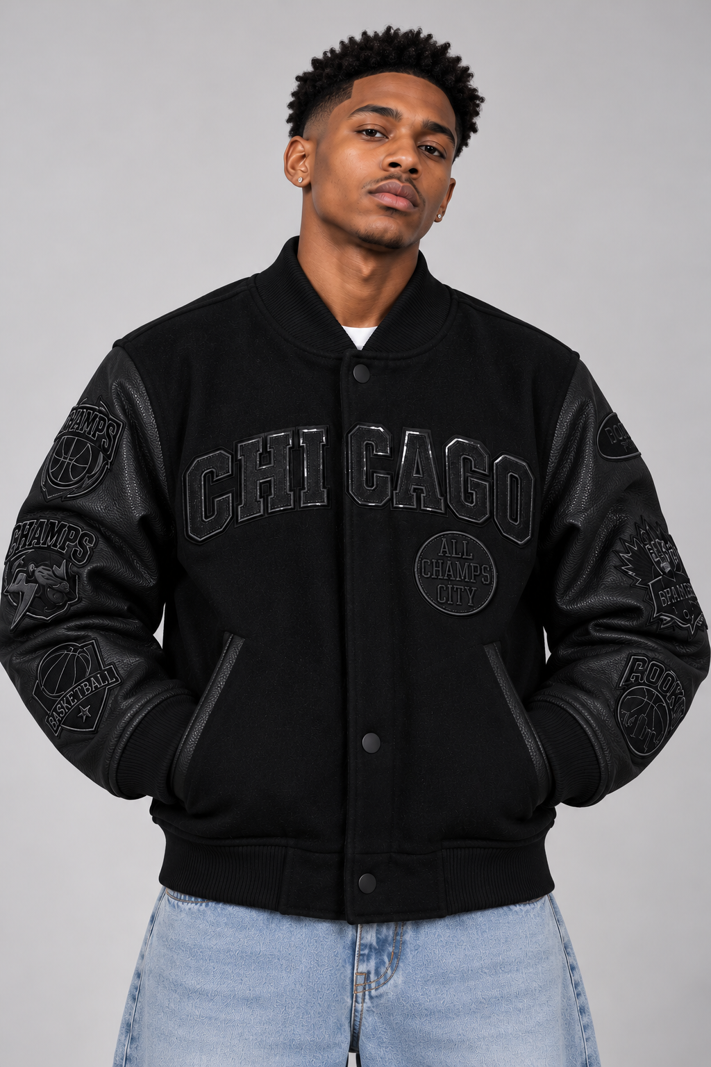 Roku Studio "Chicago" Triple Black Wool Varsity Jacket