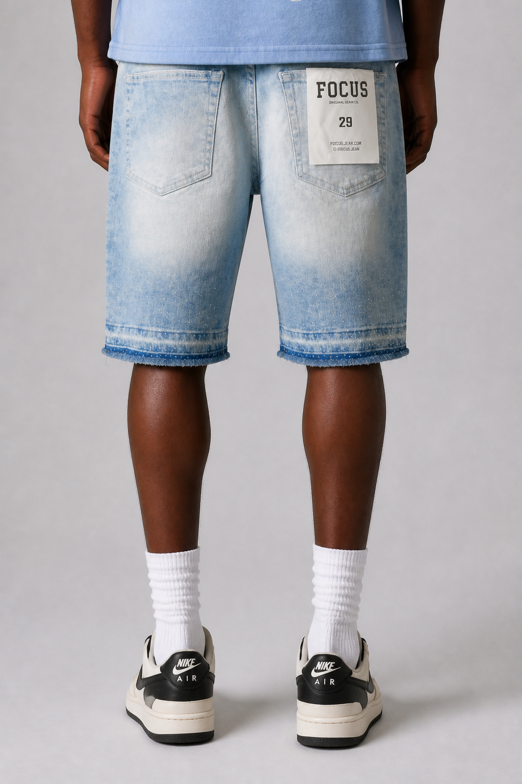 Focus Rhinestone Ripped Hem Jean Shorts