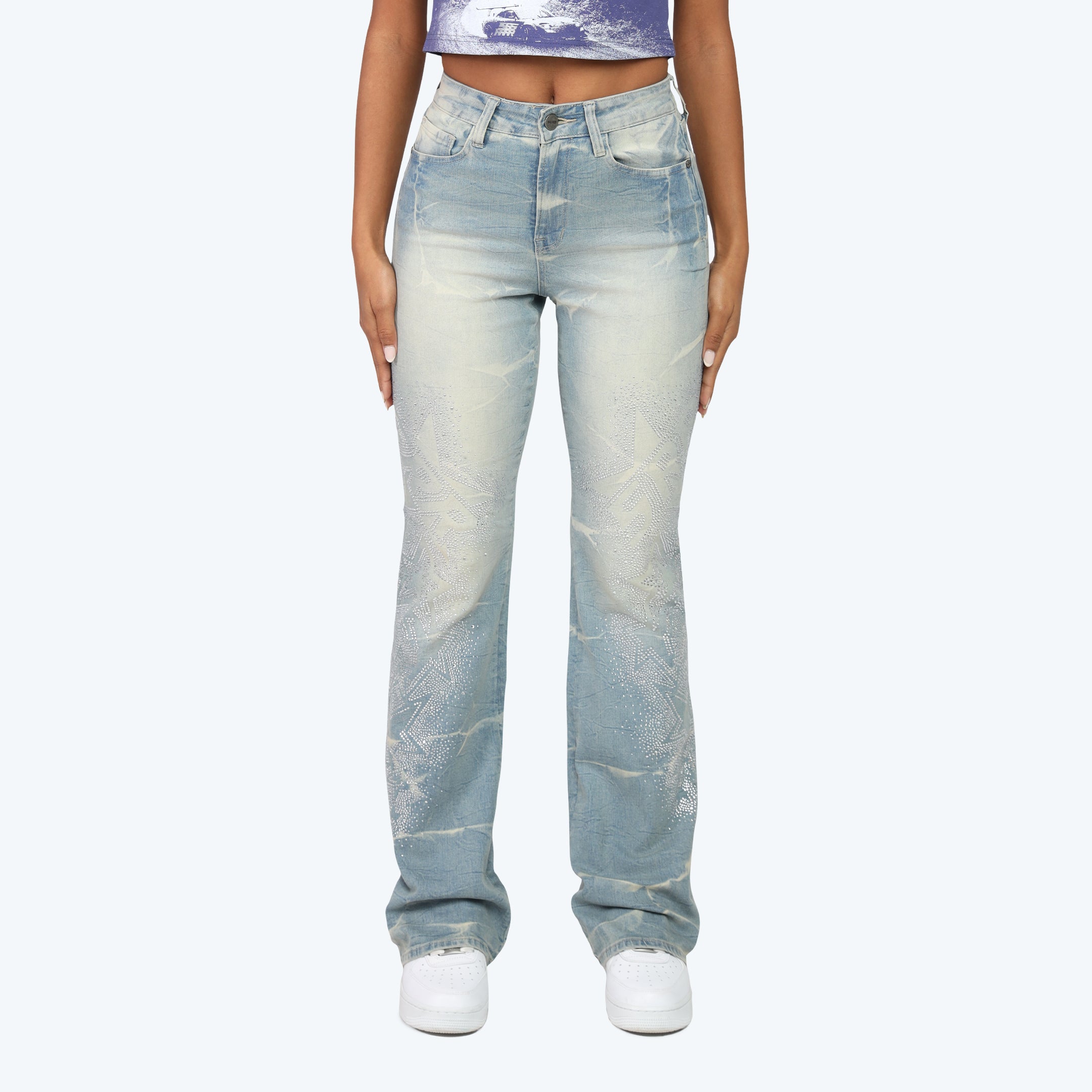 Smoke Rise Rhinestone Jean Trucker Jacket & Pinching Stack Pants