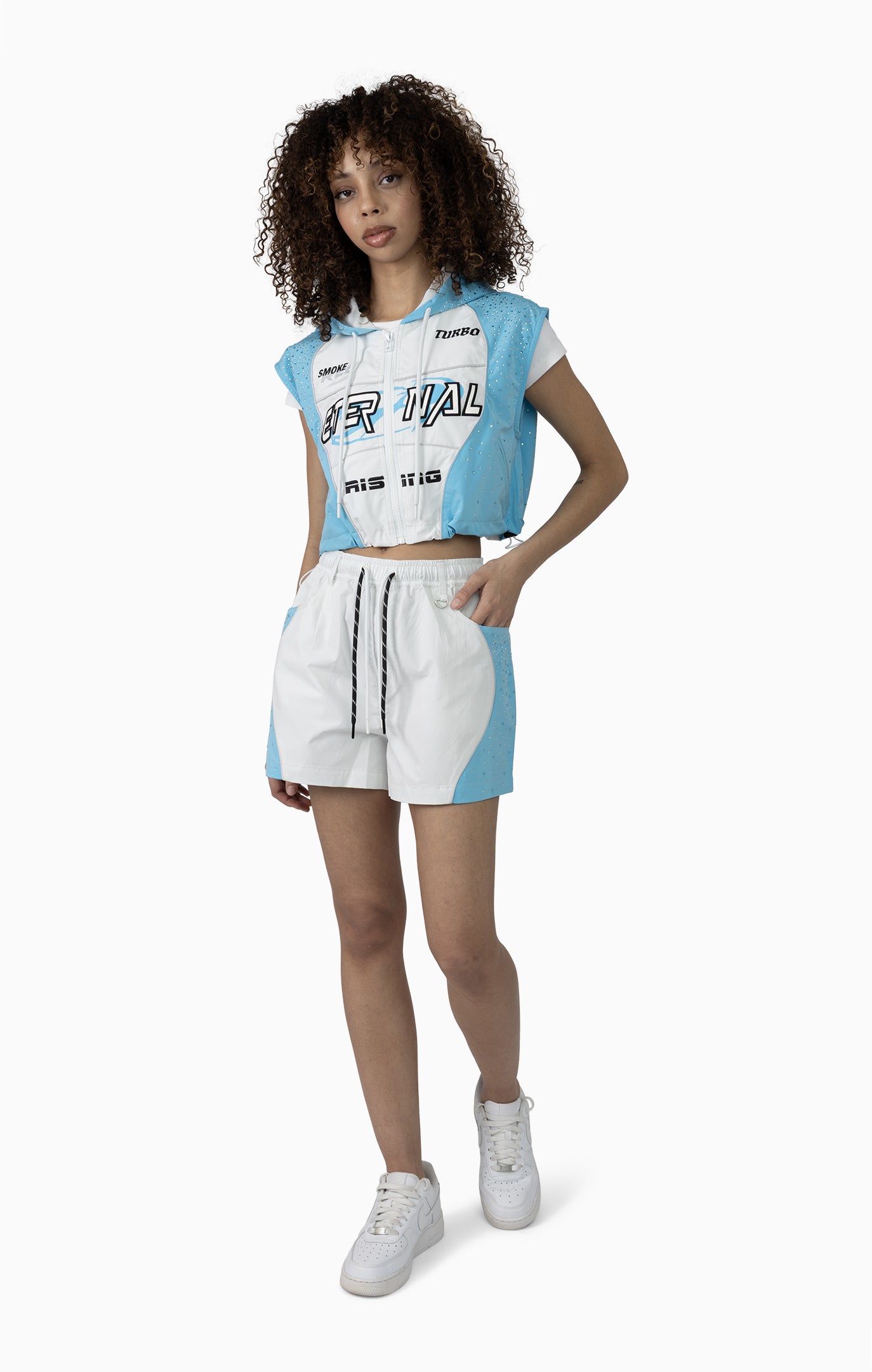 Smoke Rise Women's Rhinestone Slouch Color Cropped Windbreaker Vest & Shorts