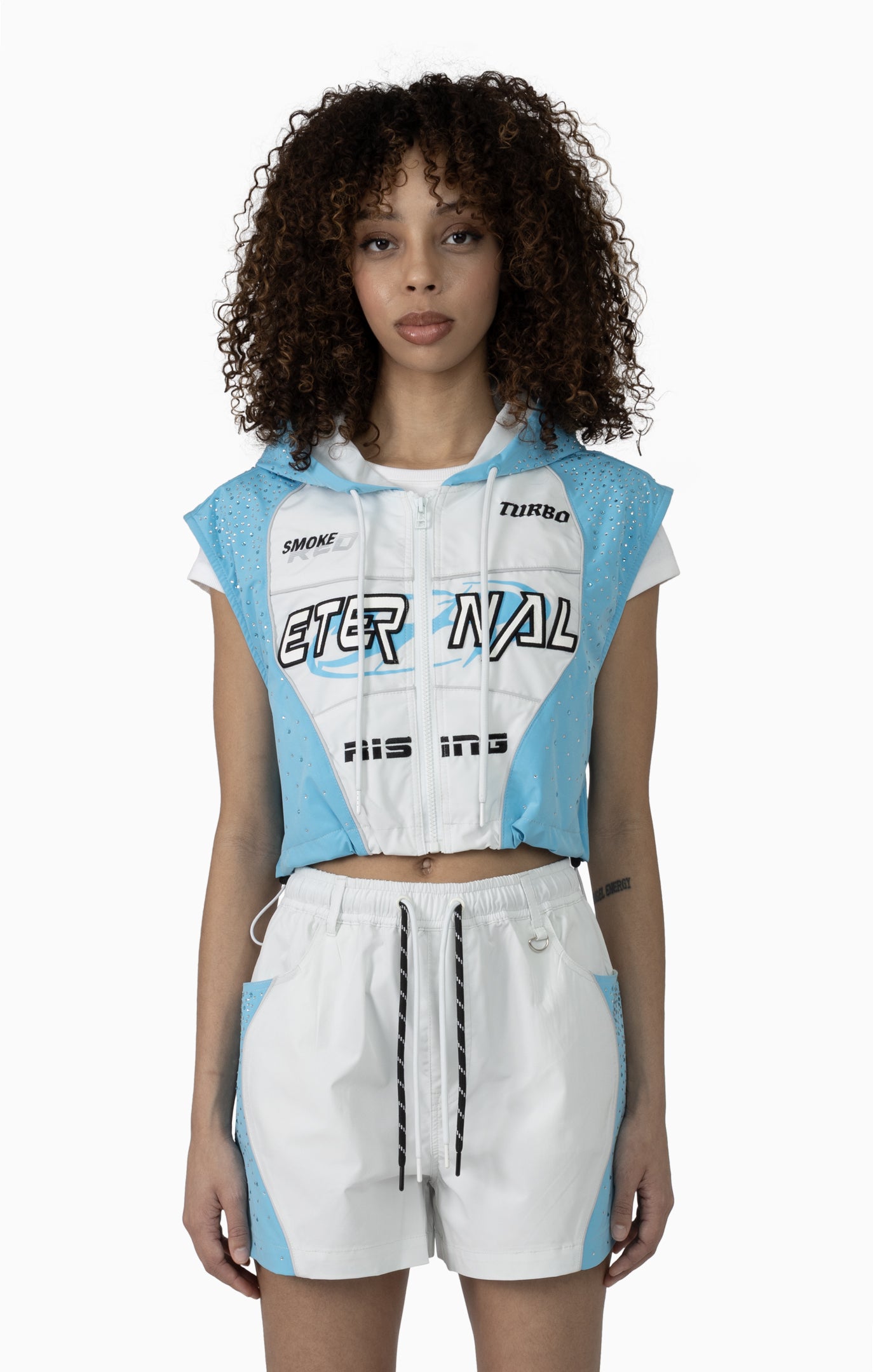 Smoke Rise Women's Rhinestone Slouch Color Cropped Windbreaker Vest & Shorts