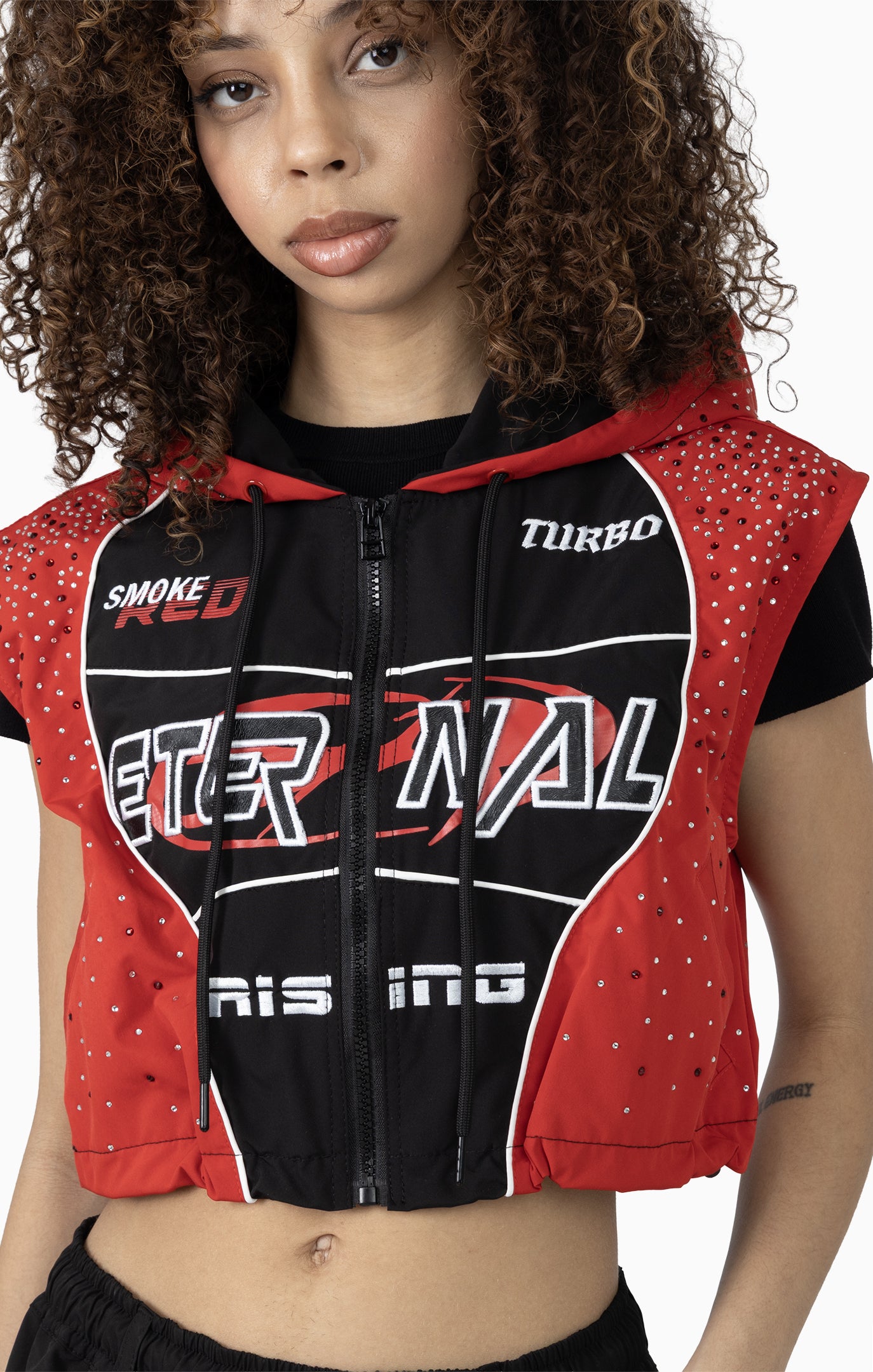 Smoke Rise Women's Rhinestone Slouch Color Cropped Windbreaker Vest & Shorts
