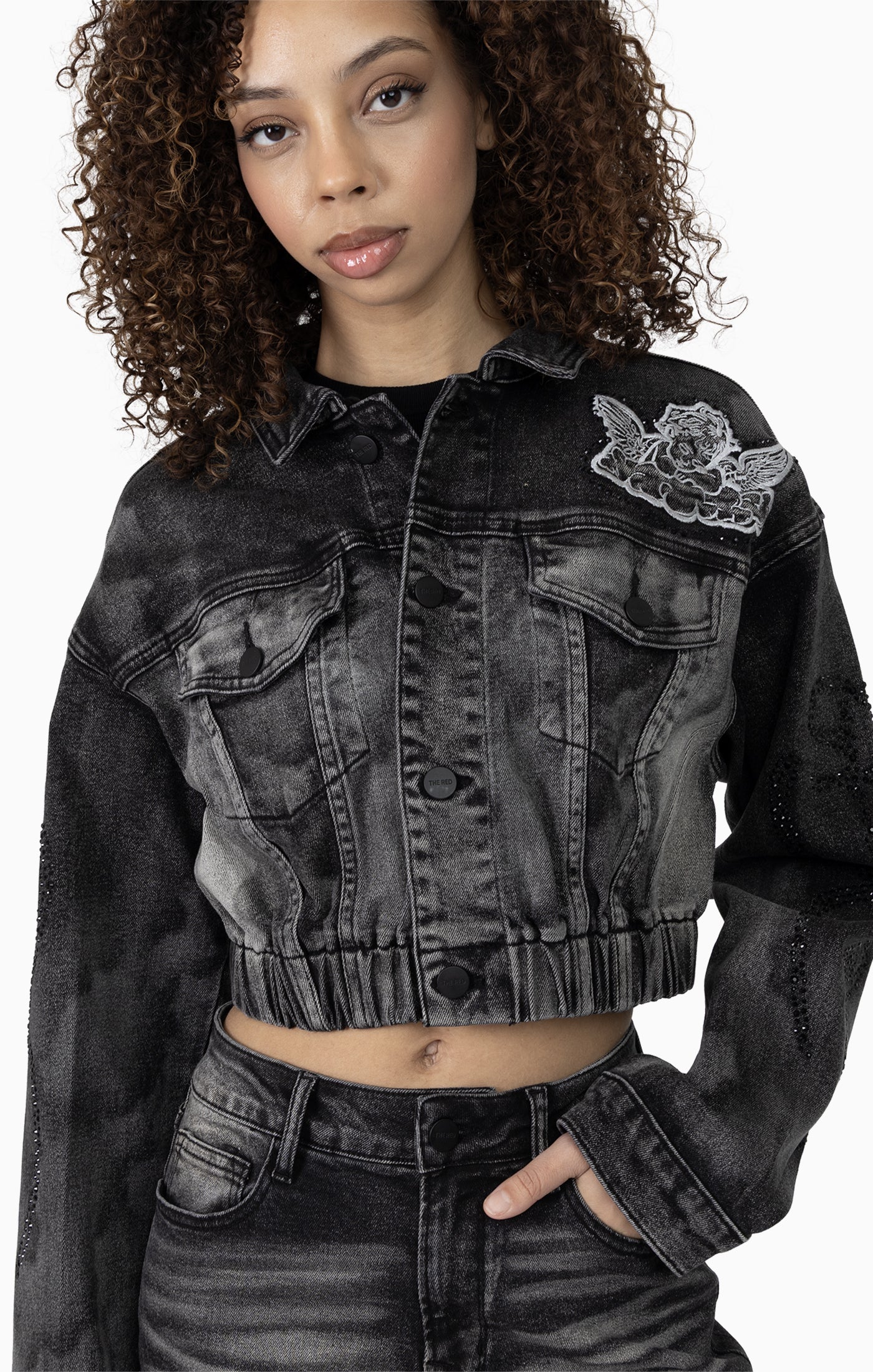 Smoke Rise Women's Drop Shoulder Patched Jacket & High Rise Printed Jean Set