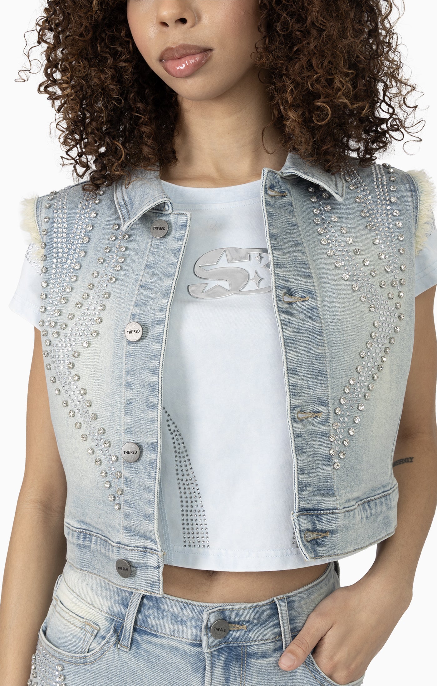Smoke Rise Women's Rhinestone Cropped Trucker Vest & Slouch Shorts Set