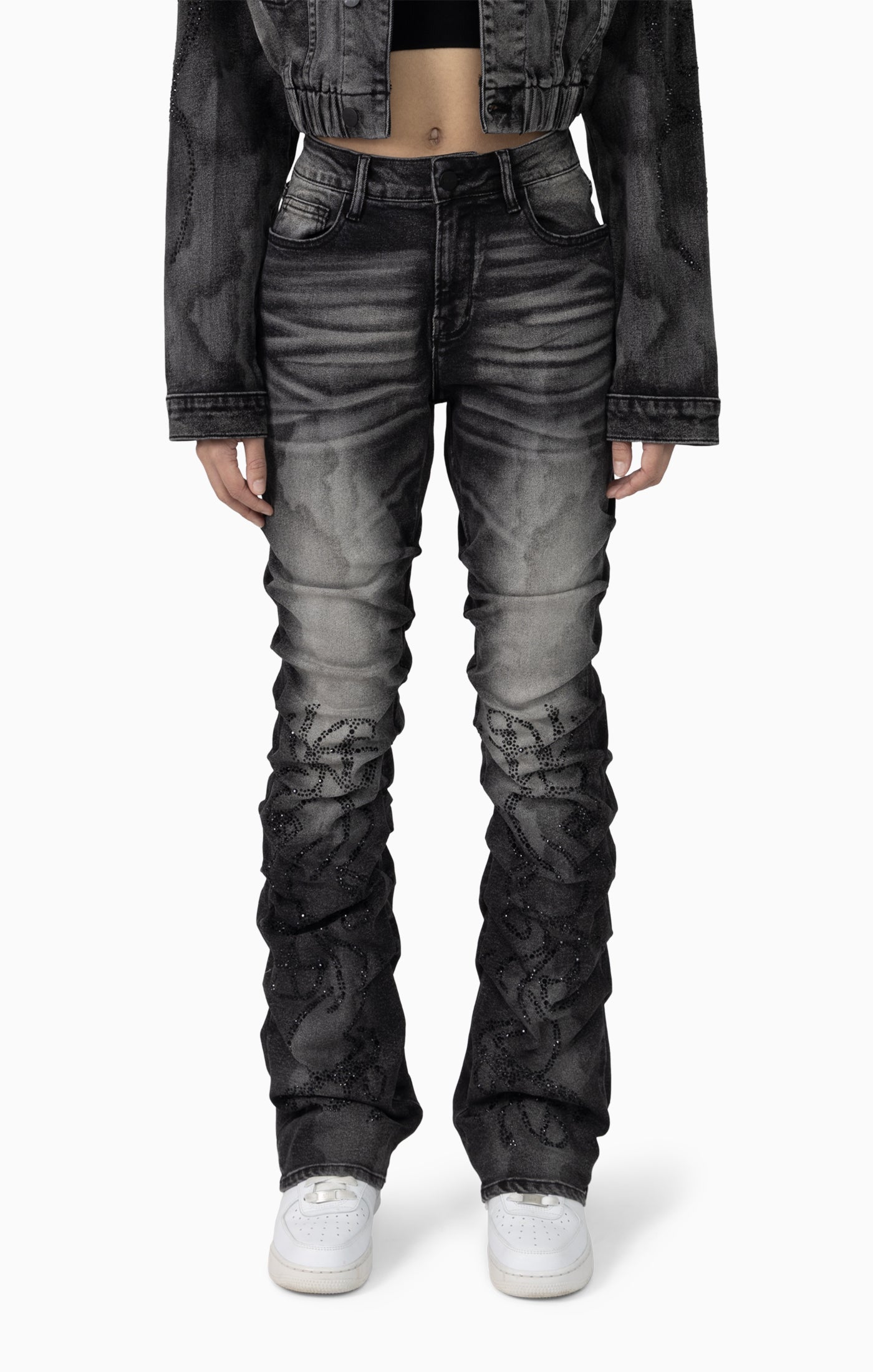 Smoke Rise Women's Drop Shoulder Patched Jacket & High Rise Printed Jean Set
