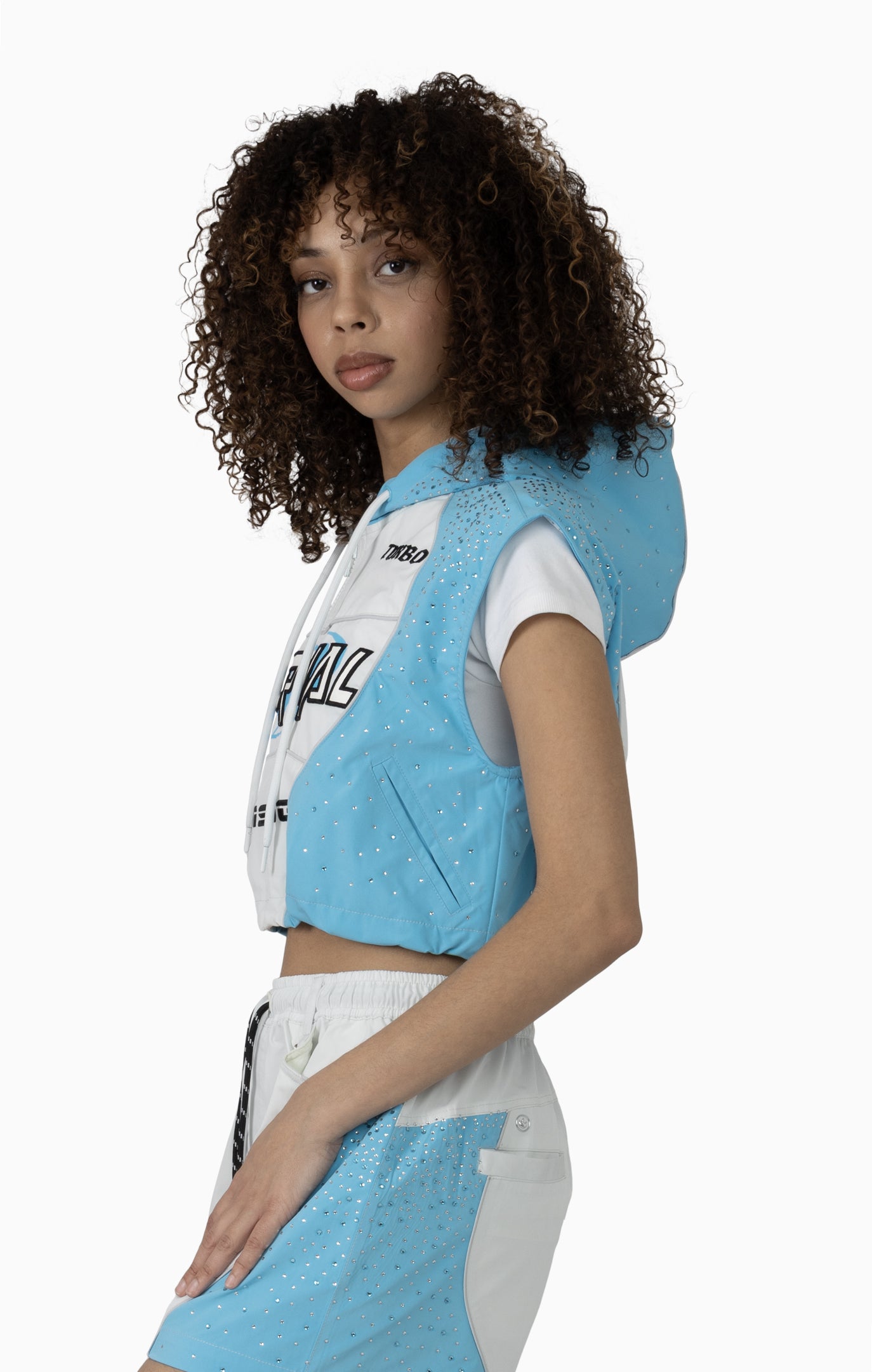 Smoke Rise Women's Rhinestone Slouch Color Cropped Windbreaker Vest & Shorts