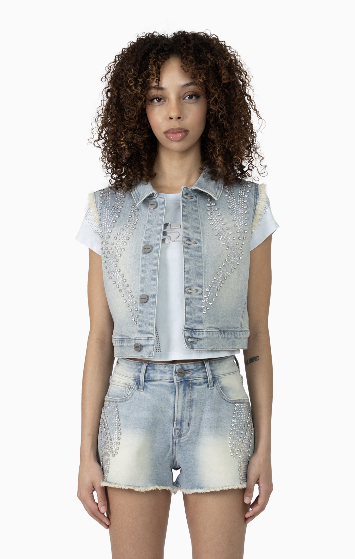 Smoke Rise Women's Rhinestone Cropped Trucker Vest & Slouch Shorts Set