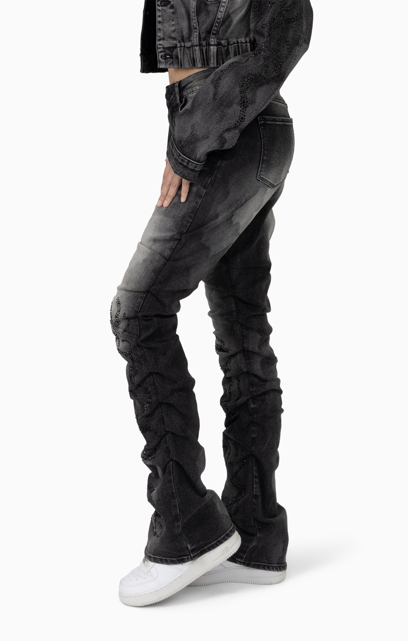 Smoke Rise Women's Drop Shoulder Patched Jacket & High Rise Printed Jean Set