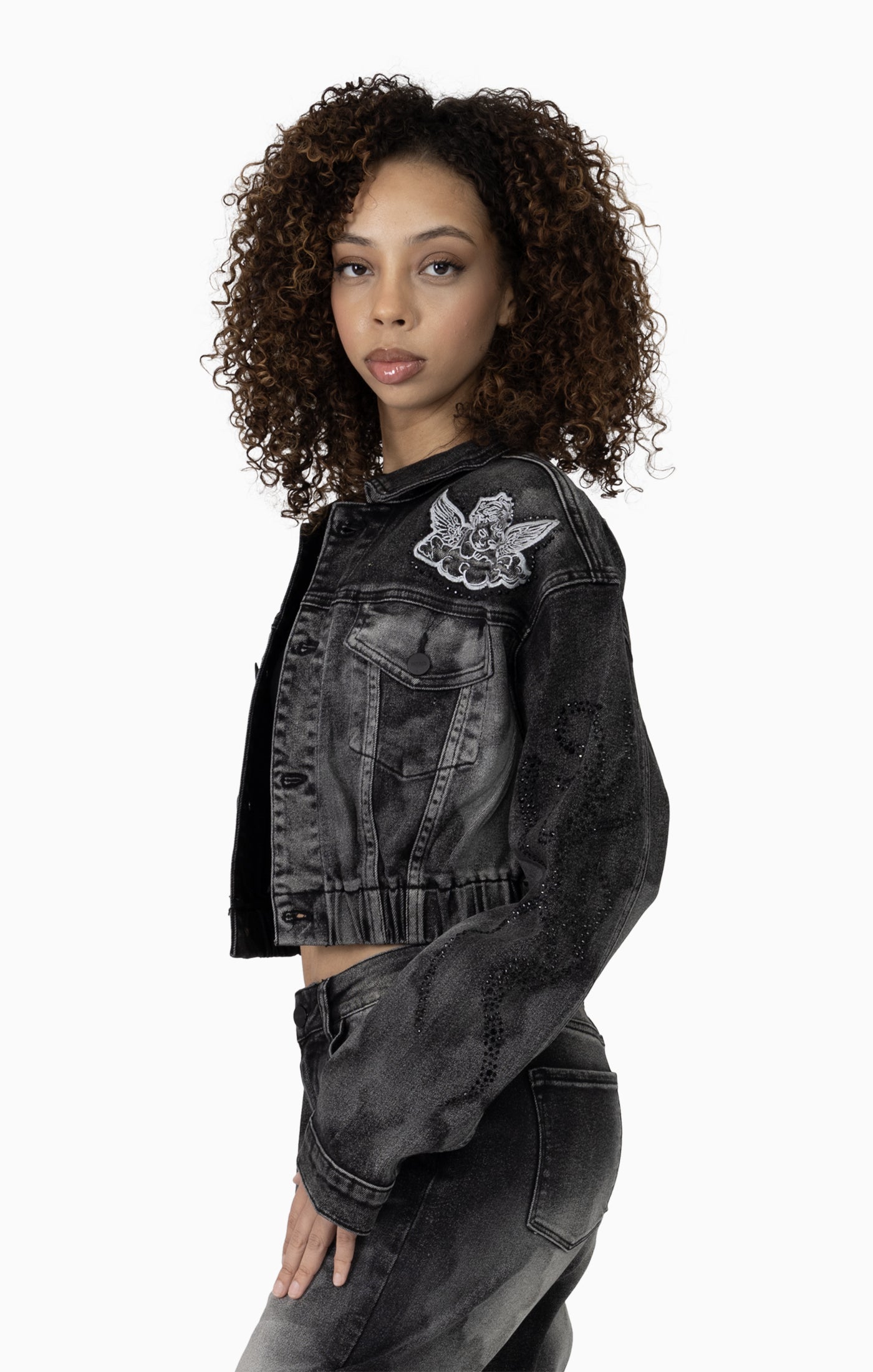 Smoke Rise Women's Drop Shoulder Patched Jacket & High Rise Printed Jean Set