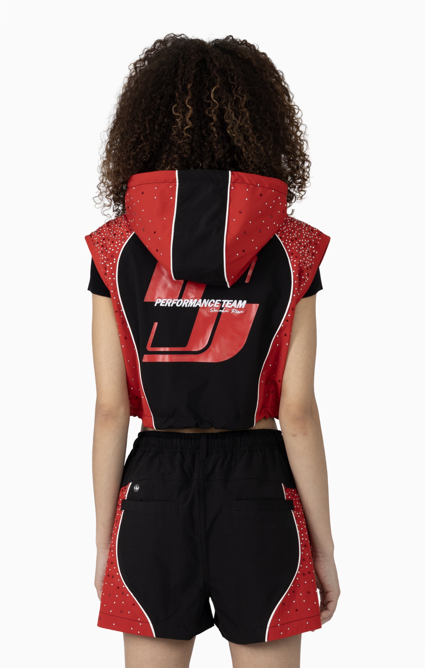 Smoke Rise Women's Rhinestone Slouch Color Cropped Windbreaker Vest & Shorts