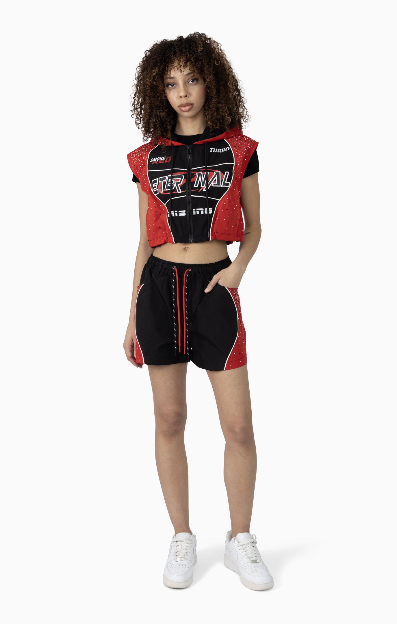 Smoke Rise Women's Rhinestone Slouch Color Cropped Windbreaker Vest & Shorts