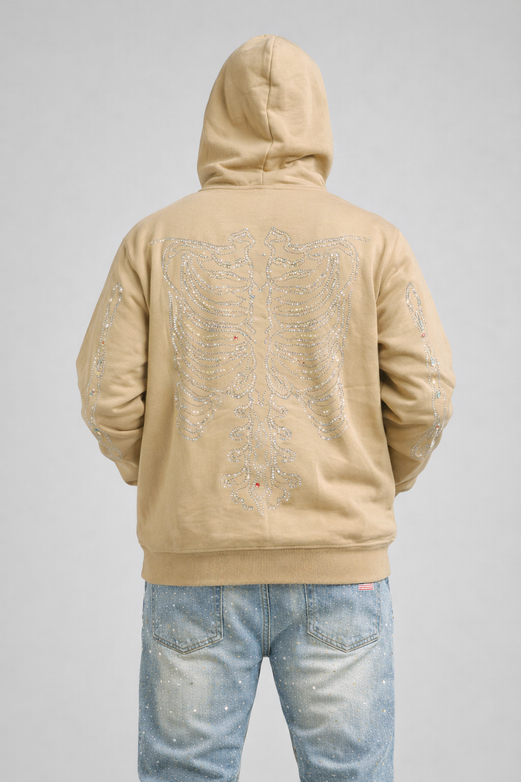 Reelistik "Skeleton" Tan Rhinestone Zip-up Hoodie