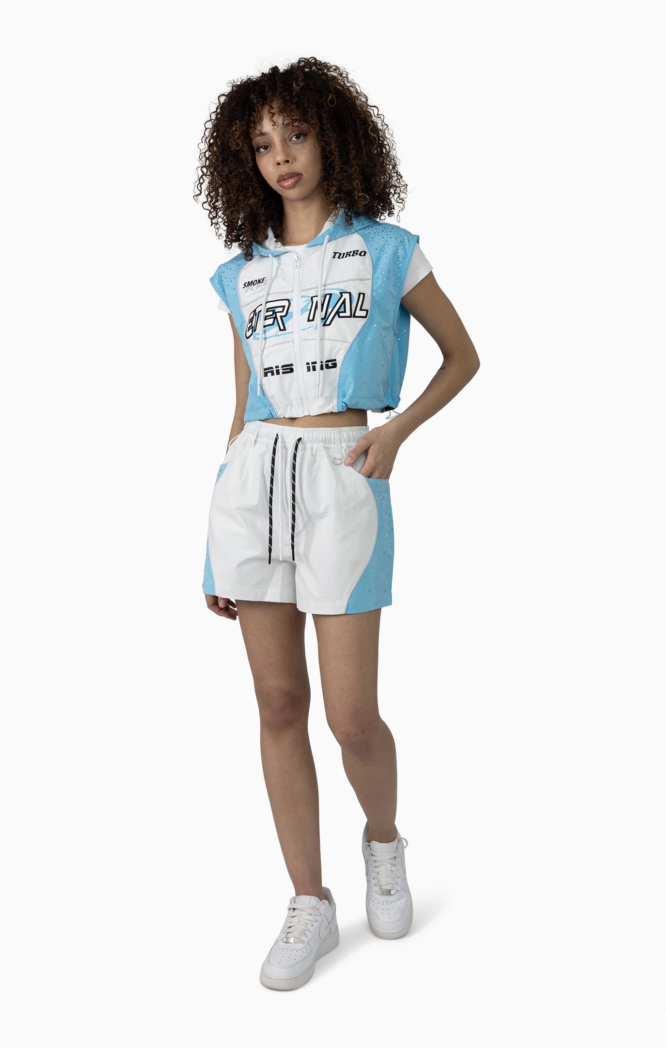 Smoke Rise Women's Rhinestone Slouch Color Cropped Windbreaker Vest & Shorts