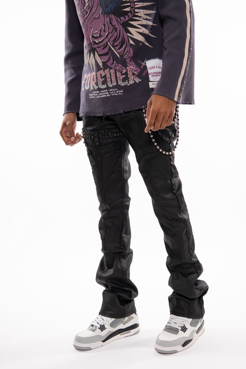 Gunzinii Coated Black Boot Cut Jean with Chain