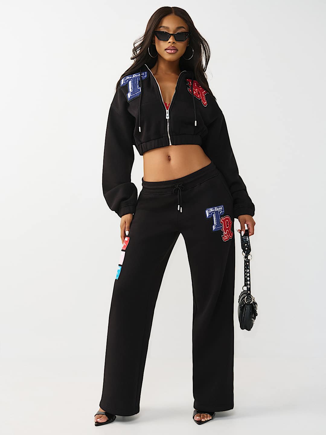 True Religion Women's Crystal Patch Girlfriend Zip Hoodie & Straight Leg Sweatpant