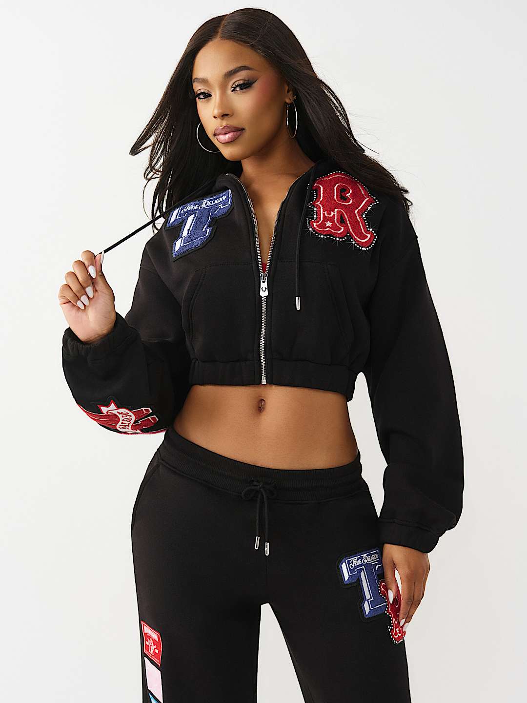 True Religion Women's Crystal Patch Girlfriend Zip Hoodie & Straight Leg Sweatpant