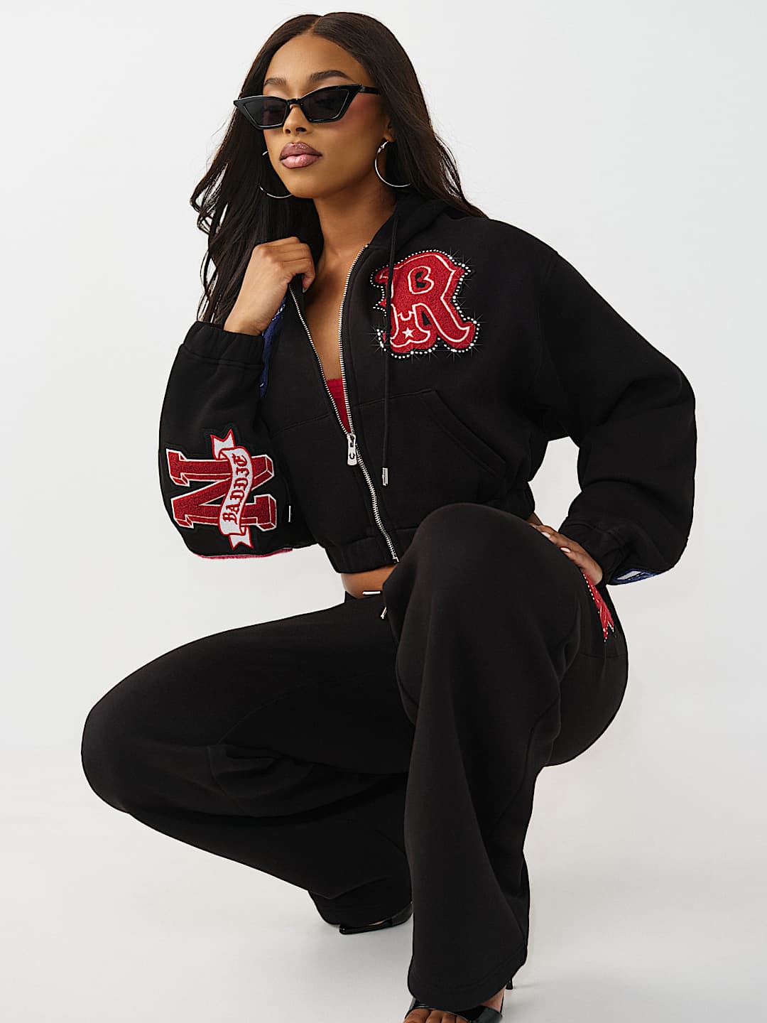 True Religion Women's Crystal Patch Girlfriend Zip Hoodie & Straight Leg Sweatpant