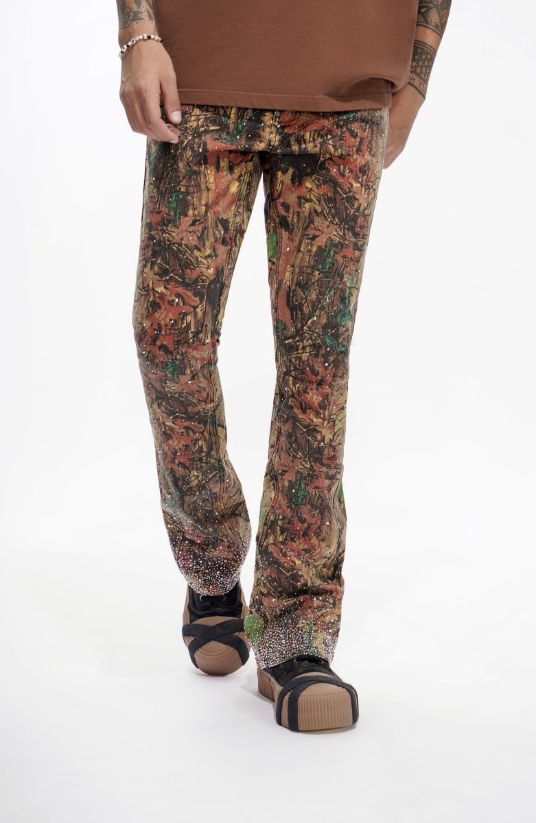 Valabasas "Recon" Rhinestone Stacked Jeans - Leaf Camo